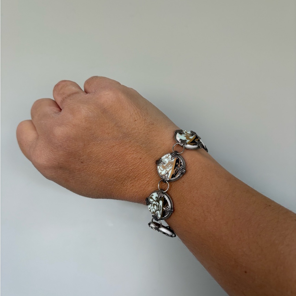 Vintage Estate Silver-Tone & Ceramic-Style Link Bracelet